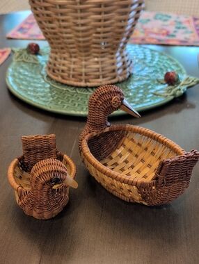 Vintage Handwoven Brown Wicker Duck Baskets Set of 2